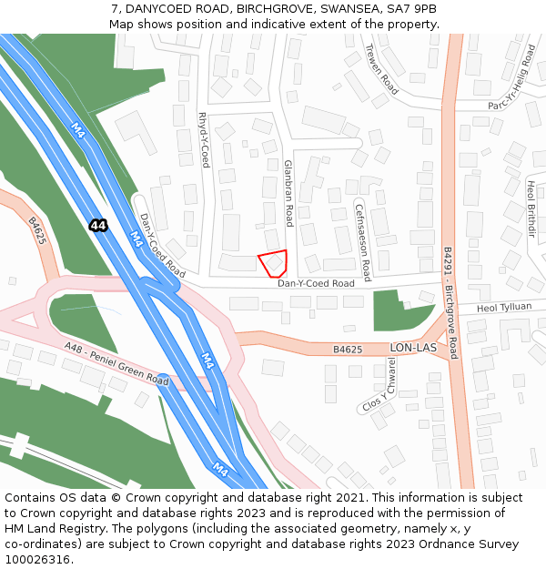 7, DANYCOED ROAD, BIRCHGROVE, SWANSEA, SA7 9PB: Location map and indicative extent of plot