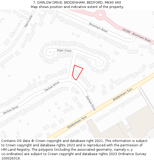 7, DARLOW DRIVE, BIDDENHAM, BEDFORD, MK40 4AX: Location map and indicative extent of plot