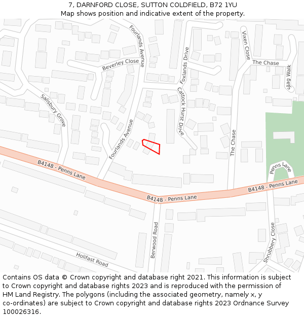 7, DARNFORD CLOSE, SUTTON COLDFIELD, B72 1YU: Location map and indicative extent of plot