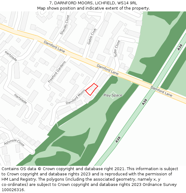 7, DARNFORD MOORS, LICHFIELD, WS14 9RL: Location map and indicative extent of plot