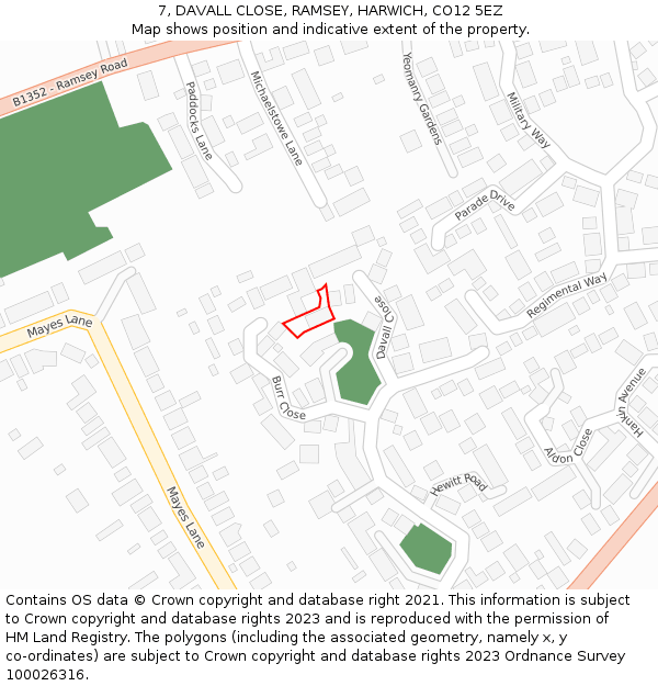 7, DAVALL CLOSE, RAMSEY, HARWICH, CO12 5EZ: Location map and indicative extent of plot