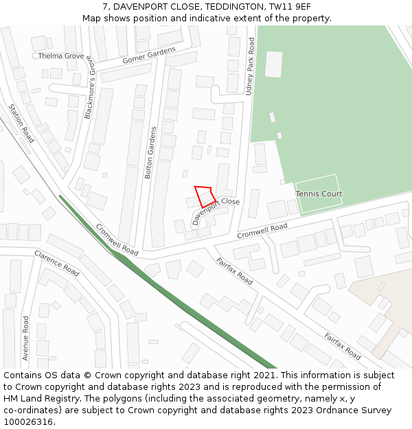 7, DAVENPORT CLOSE, TEDDINGTON, TW11 9EF: Location map and indicative extent of plot