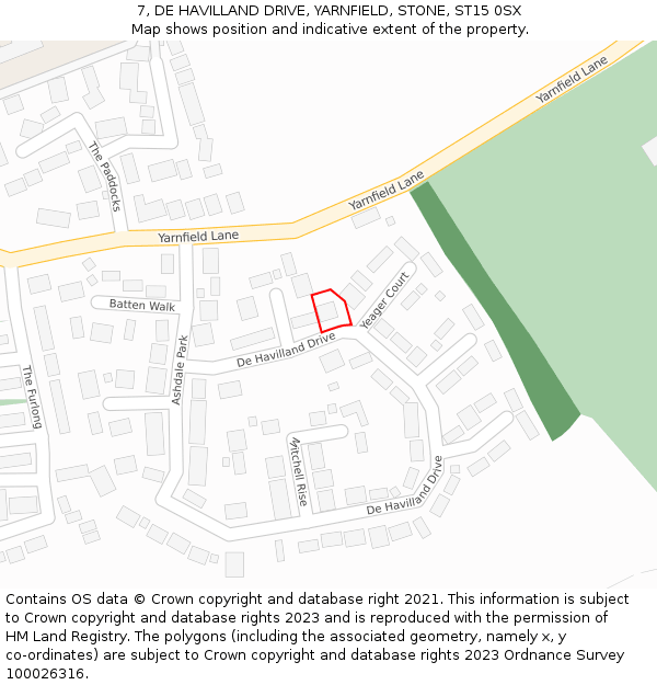 7, DE HAVILLAND DRIVE, YARNFIELD, STONE, ST15 0SX: Location map and indicative extent of plot