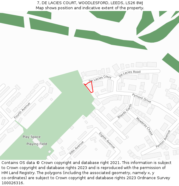 7, DE LACIES COURT, WOODLESFORD, LEEDS, LS26 8WJ: Location map and indicative extent of plot