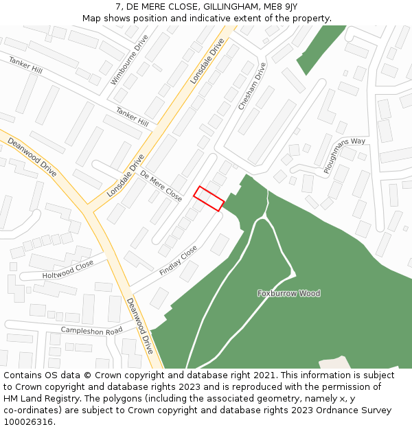 7, DE MERE CLOSE, GILLINGHAM, ME8 9JY: Location map and indicative extent of plot