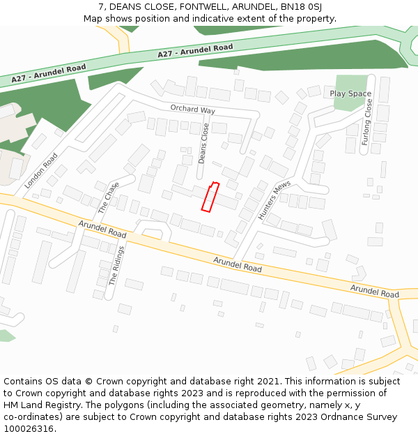 7, DEANS CLOSE, FONTWELL, ARUNDEL, BN18 0SJ: Location map and indicative extent of plot