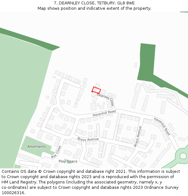 7, DEARNLEY CLOSE, TETBURY, GL8 8WE: Location map and indicative extent of plot