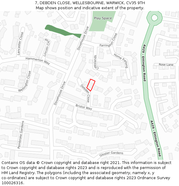 7, DEBDEN CLOSE, WELLESBOURNE, WARWICK, CV35 9TH: Location map and indicative extent of plot