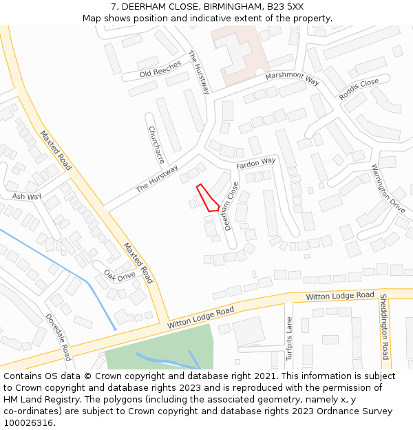 7, DEERHAM CLOSE, BIRMINGHAM, B23 5XX: Location map and indicative extent of plot