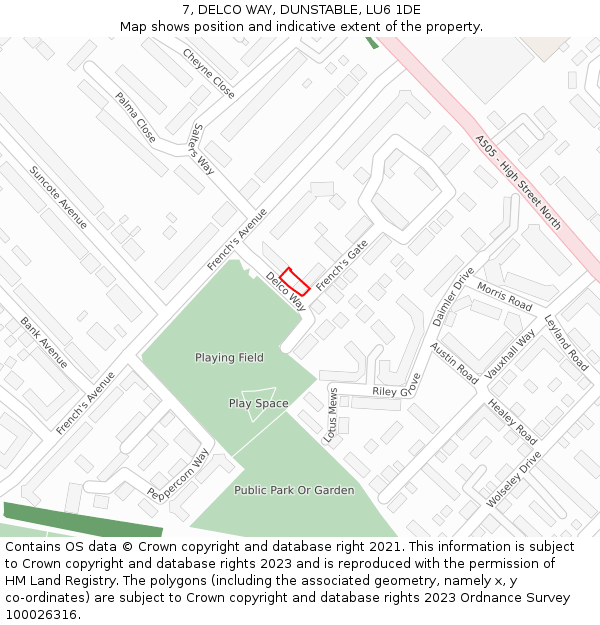 7, DELCO WAY, DUNSTABLE, LU6 1DE: Location map and indicative extent of plot