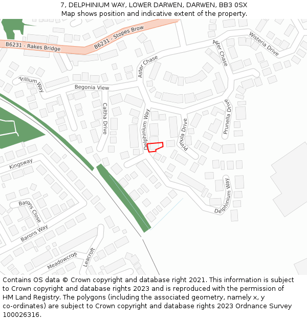 7, DELPHINIUM WAY, LOWER DARWEN, DARWEN, BB3 0SX: Location map and indicative extent of plot