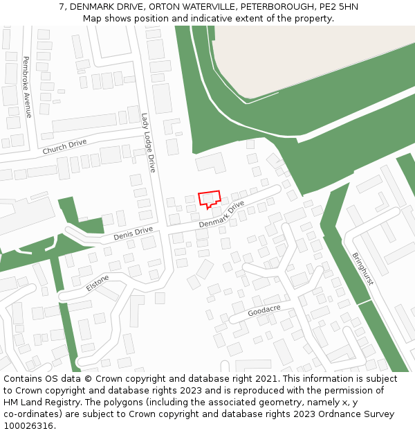 7, DENMARK DRIVE, ORTON WATERVILLE, PETERBOROUGH, PE2 5HN: Location map and indicative extent of plot