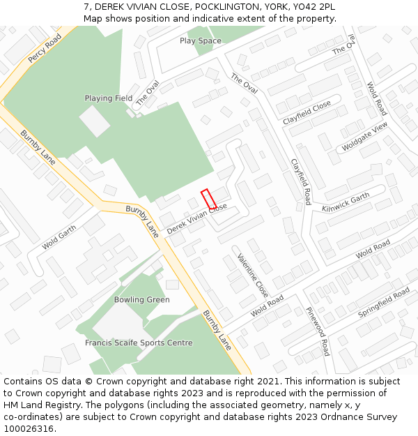 7, DEREK VIVIAN CLOSE, POCKLINGTON, YORK, YO42 2PL: Location map and indicative extent of plot