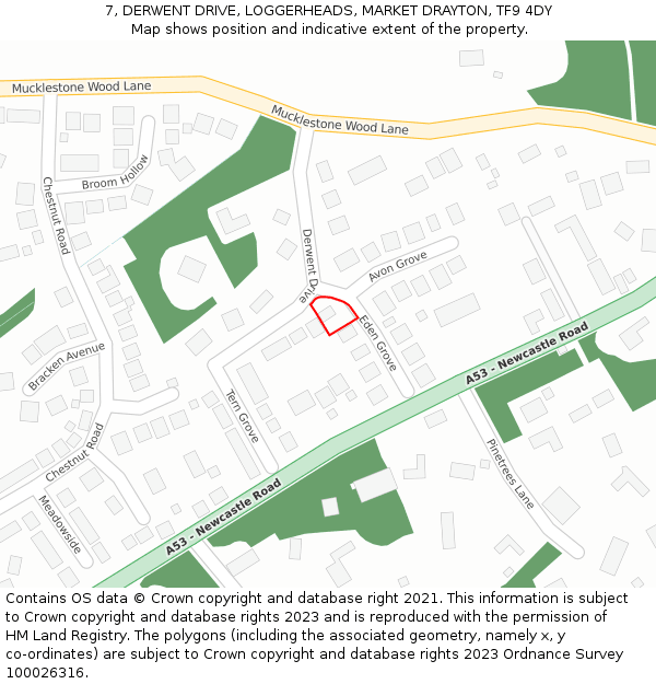 7, DERWENT DRIVE, LOGGERHEADS, MARKET DRAYTON, TF9 4DY: Location map and indicative extent of plot