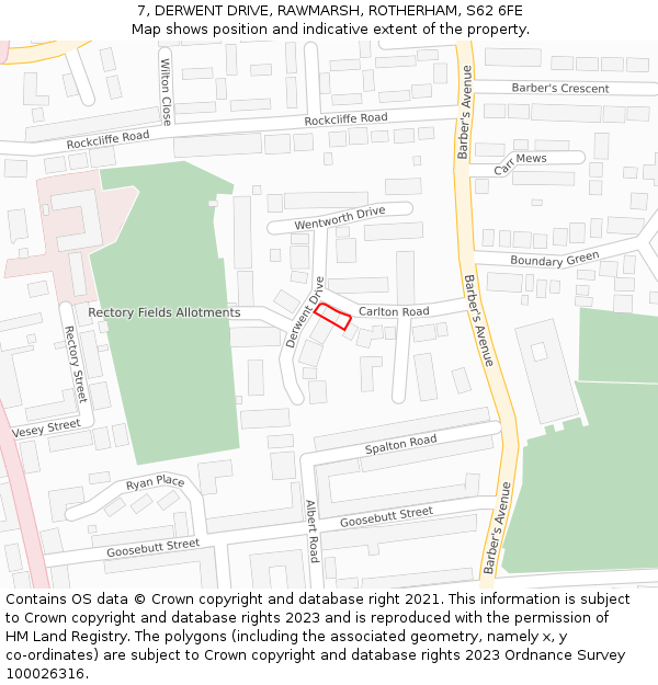 7, DERWENT DRIVE, RAWMARSH, ROTHERHAM, S62 6FE: Location map and indicative extent of plot