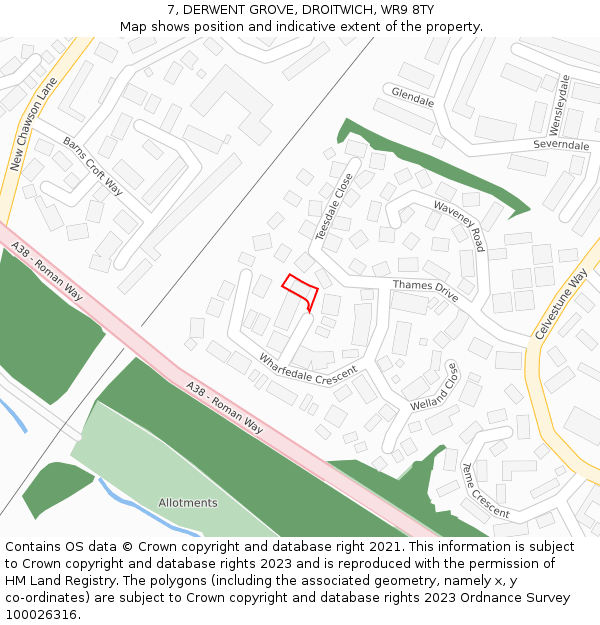 7, DERWENT GROVE, DROITWICH, WR9 8TY: Location map and indicative extent of plot