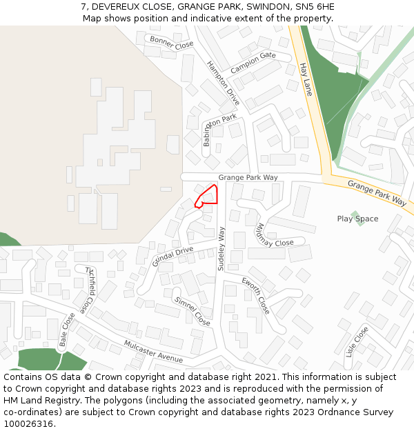 7, DEVEREUX CLOSE, GRANGE PARK, SWINDON, SN5 6HE: Location map and indicative extent of plot