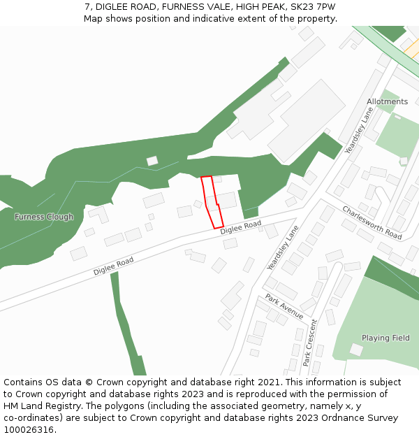 7, DIGLEE ROAD, FURNESS VALE, HIGH PEAK, SK23 7PW: Location map and indicative extent of plot