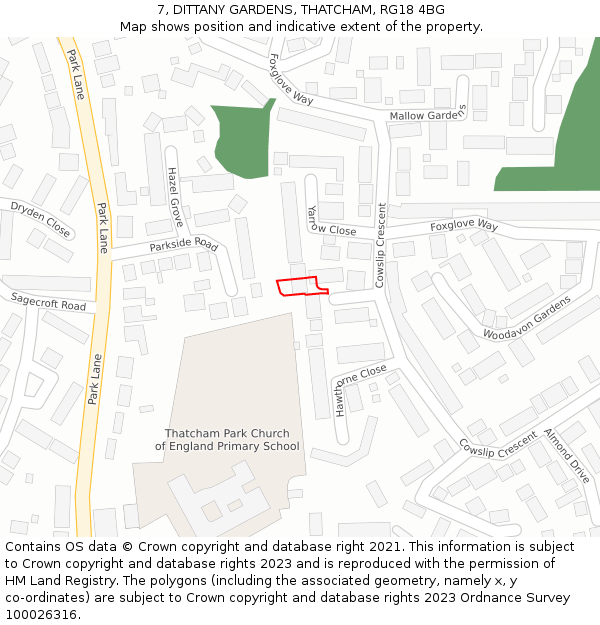 7, DITTANY GARDENS, THATCHAM, RG18 4BG: Location map and indicative extent of plot