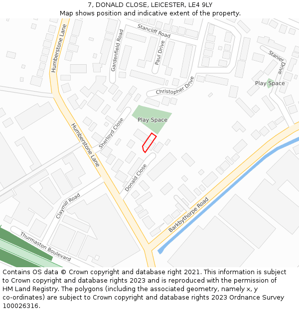 7, DONALD CLOSE, LEICESTER, LE4 9LY: Location map and indicative extent of plot