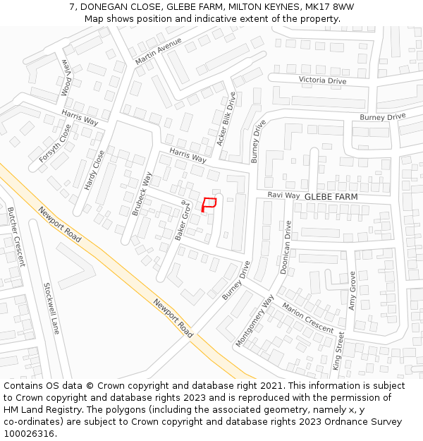 7, DONEGAN CLOSE, GLEBE FARM, MILTON KEYNES, MK17 8WW: Location map and indicative extent of plot