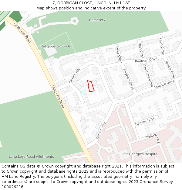 7, DORRIGAN CLOSE, LINCOLN, LN1 1AT: Location map and indicative extent of plot