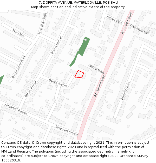 7, DORRITA AVENUE, WATERLOOVILLE, PO8 8HU: Location map and indicative extent of plot