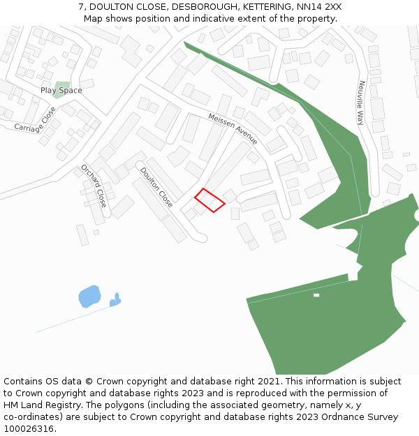 7, DOULTON CLOSE, DESBOROUGH, KETTERING, NN14 2XX: Location map and indicative extent of plot