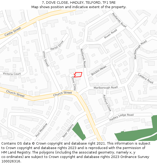7, DOVE CLOSE, HADLEY, TELFORD, TF1 5RE: Location map and indicative extent of plot