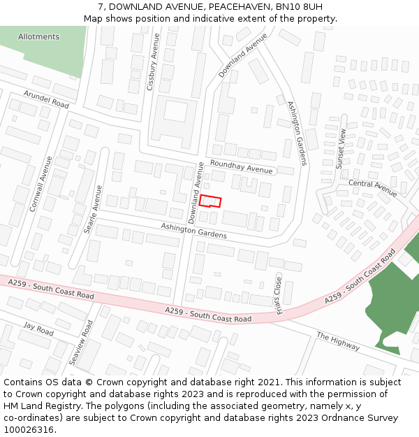 7, DOWNLAND AVENUE, PEACEHAVEN, BN10 8UH: Location map and indicative extent of plot