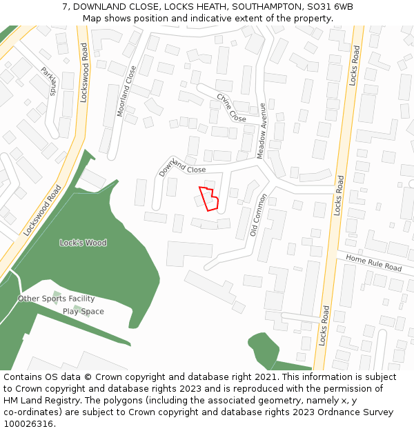 7, DOWNLAND CLOSE, LOCKS HEATH, SOUTHAMPTON, SO31 6WB: Location map and indicative extent of plot