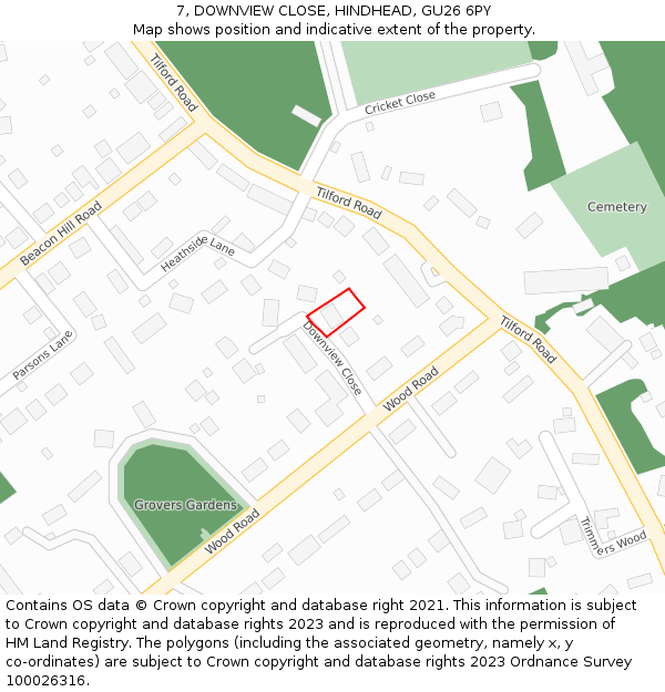 7, DOWNVIEW CLOSE, HINDHEAD, GU26 6PY: Location map and indicative extent of plot