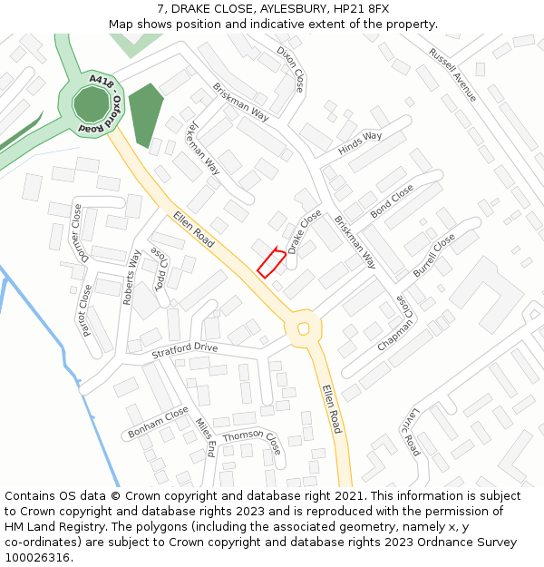 7, DRAKE CLOSE, AYLESBURY, HP21 8FX: Location map and indicative extent of plot