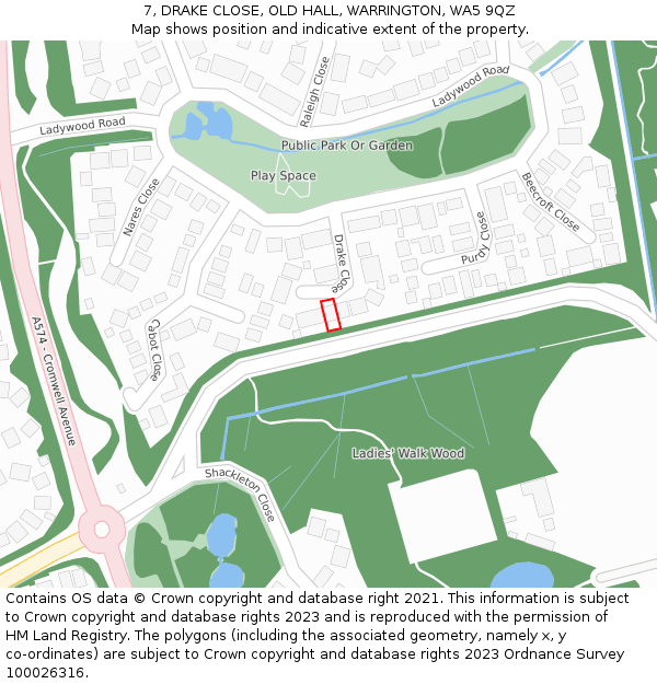 7, DRAKE CLOSE, OLD HALL, WARRINGTON, WA5 9QZ: Location map and indicative extent of plot