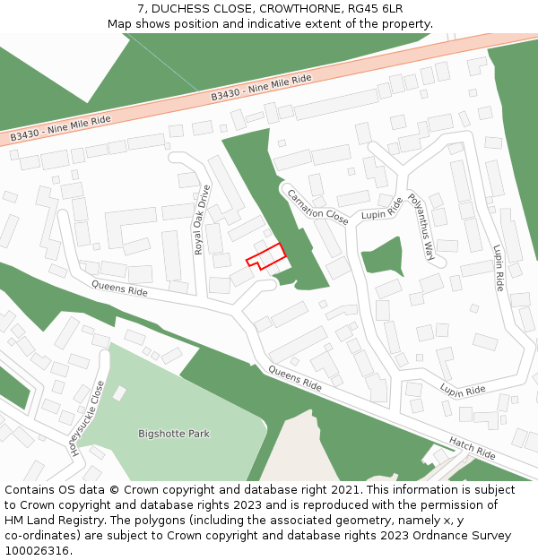 7, DUCHESS CLOSE, CROWTHORNE, RG45 6LR: Location map and indicative extent of plot