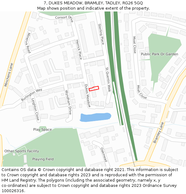 7, DUKES MEADOW, BRAMLEY, TADLEY, RG26 5GQ: Location map and indicative extent of plot