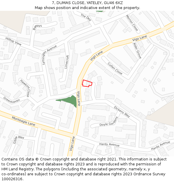 7, DUMAS CLOSE, YATELEY, GU46 6XZ: Location map and indicative extent of plot