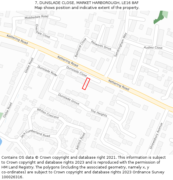7, DUNSLADE CLOSE, MARKET HARBOROUGH, LE16 8AF: Location map and indicative extent of plot