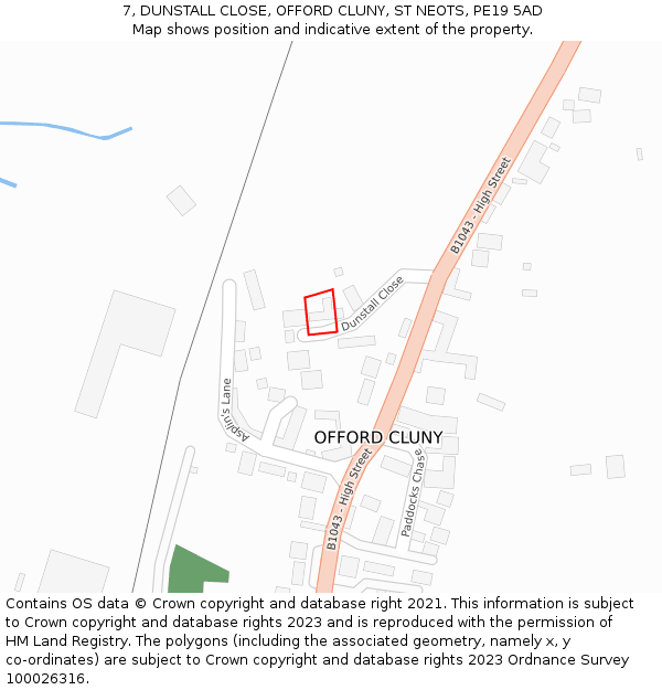 7, DUNSTALL CLOSE, OFFORD CLUNY, ST NEOTS, PE19 5AD: Location map and indicative extent of plot
