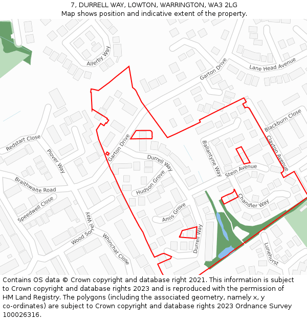 7, DURRELL WAY, LOWTON, WARRINGTON, WA3 2LG: Location map and indicative extent of plot