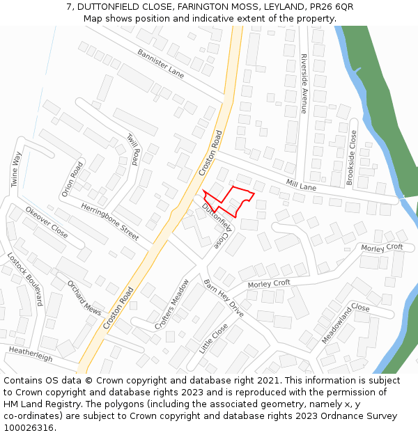 7, DUTTONFIELD CLOSE, FARINGTON MOSS, LEYLAND, PR26 6QR: Location map and indicative extent of plot