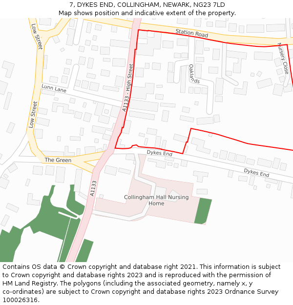 7, DYKES END, COLLINGHAM, NEWARK, NG23 7LD: Location map and indicative extent of plot