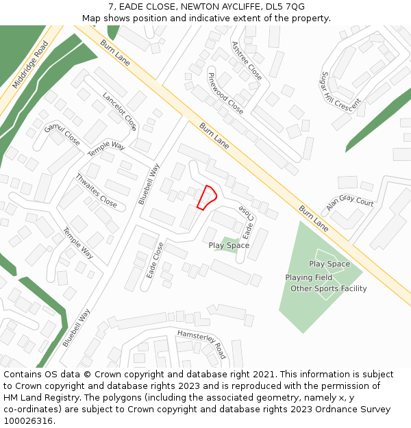 7, EADE CLOSE, NEWTON AYCLIFFE, DL5 7QG: Location map and indicative extent of plot