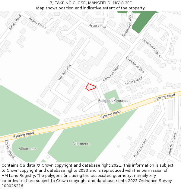 7, EAKRING CLOSE, MANSFIELD, NG18 3FE: Location map and indicative extent of plot