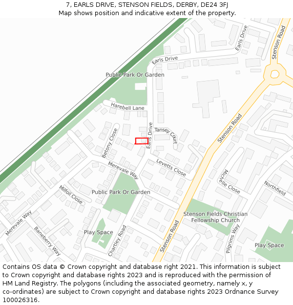 7, EARLS DRIVE, STENSON FIELDS, DERBY, DE24 3FJ: Location map and indicative extent of plot