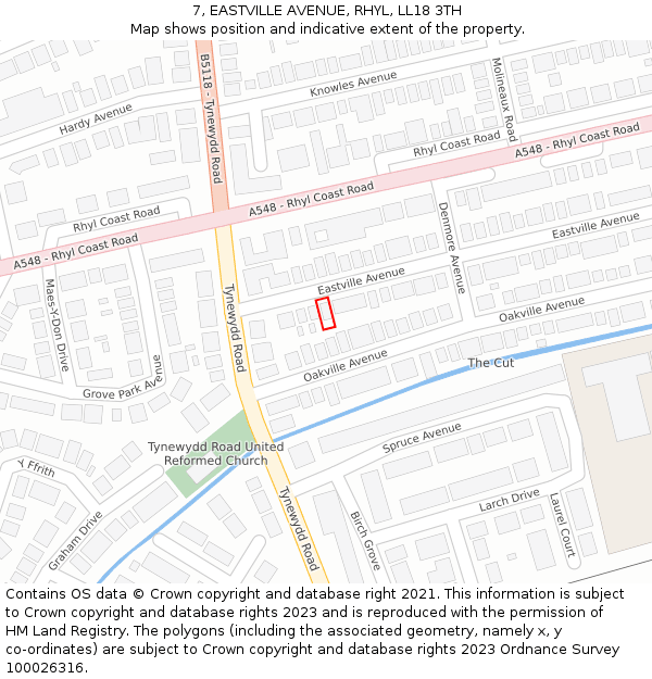 7, EASTVILLE AVENUE, RHYL, LL18 3TH: Location map and indicative extent of plot