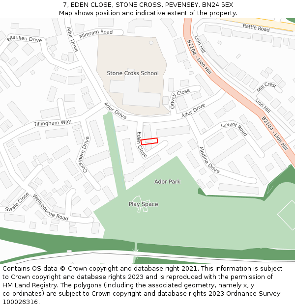 7, EDEN CLOSE, STONE CROSS, PEVENSEY, BN24 5EX: Location map and indicative extent of plot