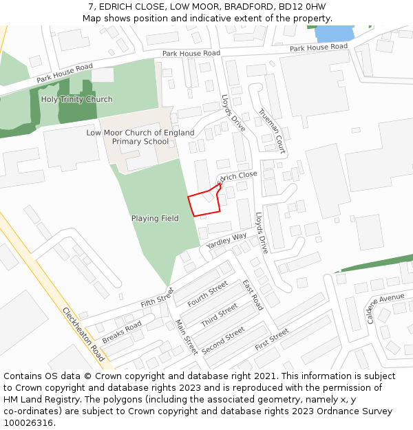 7, EDRICH CLOSE, LOW MOOR, BRADFORD, BD12 0HW: Location map and indicative extent of plot