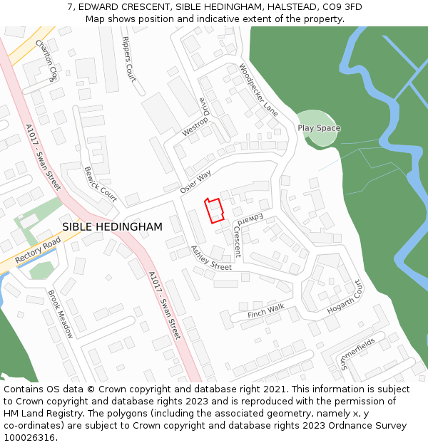 7, EDWARD CRESCENT, SIBLE HEDINGHAM, HALSTEAD, CO9 3FD: Location map and indicative extent of plot