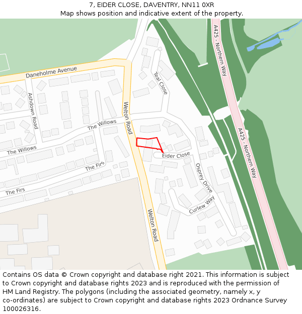 7, EIDER CLOSE, DAVENTRY, NN11 0XR: Location map and indicative extent of plot